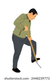Man with shovel working in garden vector illustration isolated. Construction worker with spade. Gardener digging earth. Farmer with shovel. Digger worker mining ground with tool. Manual industry.