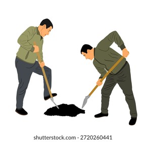 Hombre con pala trabajando en Ilustración vectorial de jardín aislado. Trabajadores de la construcción de palas. Jardineros cavando tierra para plantar. Agricultores con pala. Trabajador de excavadora en un terreno minero. Herramienta industrial manual.