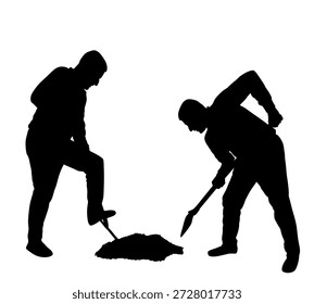 Homem com pá trabalhando em silhueta de vetor de jardim isolado. Trabalhadores da construção civil. Jardineiros cavando terra para plantar. Agricultores com pá. Terreno de mineração do trabalhador Digger. Ferramenta manual da indústria.