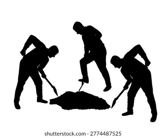 Man with shovel working in garden vector silhouette isolated. Construction spade workers. Gardeners digging earth to plant. Farmers with shovel. Digger worker mining ground. Teamwork landscapers job.