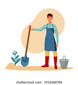 Man With Shovel. Young Farmer Planting A Tree Colorful Simple Design Vector. Spring Gardening. Man planting a tree outdoors. 
Gardener plant a tree - vector illustration.