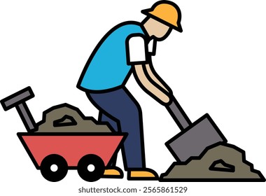 A man is shoveling dirt into a red wheelbarrow. Concept of hard work and manual labor