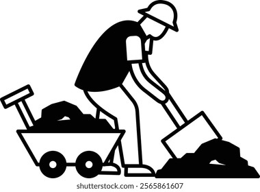 A man is shoveling dirt into a wheelbarrow. Concept of hard work and manual labor