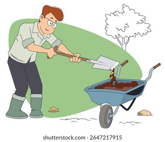 Man is shoveling dirt into wheelbarrow. Funny people. Illustration concept for website and mobile website development.