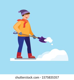 man shoveling and remove snow in winter season flat illustration vector