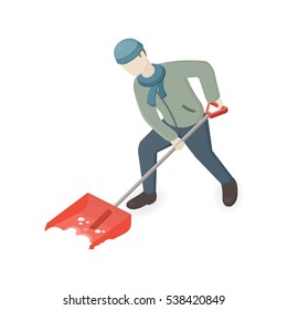 Man shoveling and removing snow. Isometric view. Vector Illustration on white background.