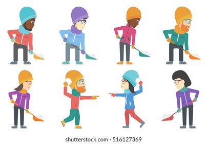 Man shoveling snow after snowfall. Woman removing snow with a spade. People playing with snowballs. People playing with snow. Set of vector flat design illustrations isolated on white background.