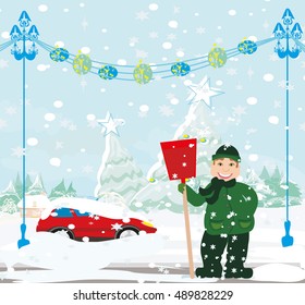 Man shoveling snow from street in winter 