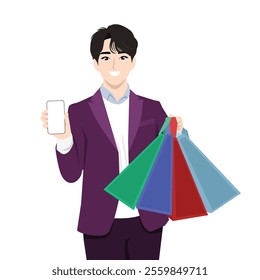 Man show blank screen on phone with shopping bags. Flat Vector character illustration