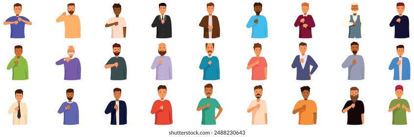 Man show dislike icons set. Diverse group of men expressing disapproval, dislike, or negativity with a universal thumbs down hand gesture