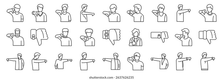 Man show dislike icons set. Various people are showing thumbs down, expressing disapproval, dislike, or negative feedback in different styles