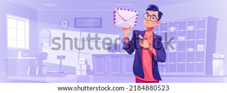 Man show envelope in post office interior with reception desk and parcels lying on shelves. Mail delivery, postage service, postman employee with letter in hands, Cartoon vector illustration