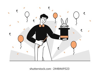 Man show focus linear. Magician and illusionist with hat with rabbit. Entertainment and show, leisure show. Magical performance. Doodle flat vector illustration isolated on white background