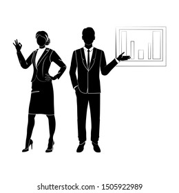 Man show graph chart icon. man show graph chart vector icon for web design isolated on white background. OK! Smiling businesswoman show a okay hand sign. Portrait of businesswoman in a flat style. 