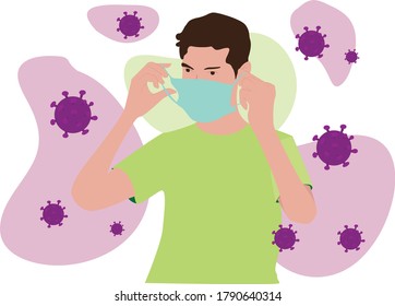 man show how to wear a medical face mask in the right way to protect himself from global pandemic coronavirus