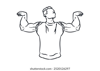 Man show off big strong arm muscles, hand drawn line drawing vector illustration