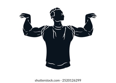 Man show off big strong arm muscles, silhouette logo vector illustration