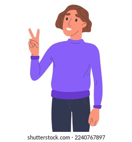 Hombre muestra el signo de la paz. Hombre alegre con signo de paz, caricatura sonriente lenguaje corporal ilustración vectorial plana aislada en fondo blanco