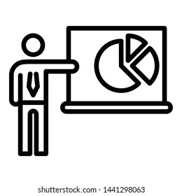 Man show pie graph icon. Outline man show pie graph vector icon for web design isolated on white background