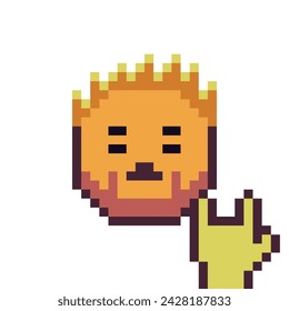 Man show sign of horn. Rock and roll hand sign. Heavy Rock Icon. Print on t-shirt. Old school computer graphic design. Pixel art 8-bit style. Isolated vector illustration.