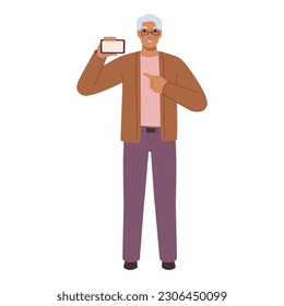 Man show smartphone screen. Male with mobile phone and pointing by finger. Travel person, old senior and modern technology, empty screen advertisement mobile phone