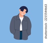 man show smile gesture. people smile wearing jacket.
