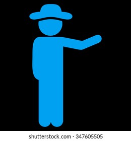 Man Show vector icon. Style is flat symbol, blue color, rounded angles, black background.