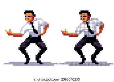 A man showcases a lively dance in retro pixel art style, donning a white shirt and black tie. His energetic posture and facial expression convey fun and enthusiasm.