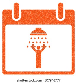 Man Shower Calendar Day grainy textured icon for overlay watermark stamps. Flat symbol with dirty texture. Dotted vector orange ink rubber seal stamp with grunge design on a white background.