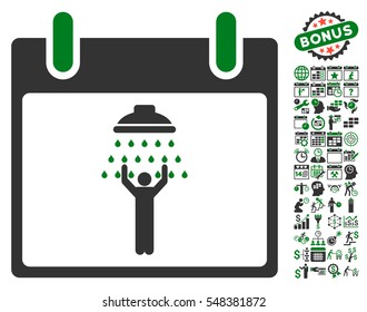 Man Shower Calendar Day icon with bonus calendar and time management images. Vector illustration style is flat iconic symbols, green and gray, white background.