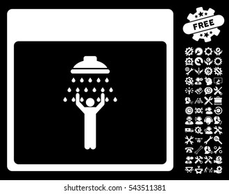 Man Shower Calendar Page icon with bonus service design elements. Vector illustration style is flat iconic symbols, white, black background.
