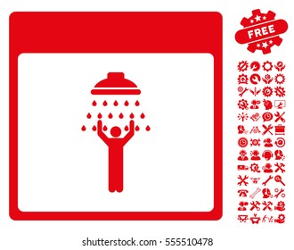 Man Shower Calendar Page icon with bonus setup tools icon set. Vector illustration style is flat iconic symbols, red, white background.