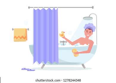 Man In Shower Cap In The Shower. Happy Funny Guy Taking Bath In Bubble Bathtub, Relaxing With Yellow Duck And Washcloth. Bathtub With A Curtain On A White Background. Flat Cartoon Vector Illustration