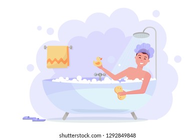 Man In Shower Cap Taking Bath With The Shower. Happy Funny Guy In Bubble Bathtub, Relaxing With Yellow Duck And Washcloth. Bathtub With Steam On A White Background. Flat Cartoon Vector Illustration