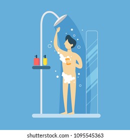 Man in shower washing on blue background.