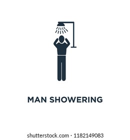 Man Showering icon. Black filled vector illustration. Man Showering symbol on white background. Can be used in web and mobile.