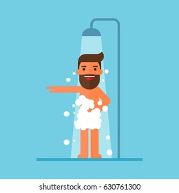 man showers in bathroom
