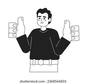 Man showing all right gesture monochromatic flat vector character. Sincere smile. Optimistic. Editable thin line half body person on white. Simple bw cartoon spot image for web graphic design