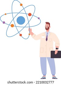 Man showing atomic model. Scientific education process isolated on white background
