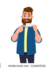 Man showing blank business card and pointing to that. Vector illustration in cartoon style.