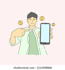 Man showing blank mobile screen and pointing phone for prize money prize hand drawn in thin line,vector illustration