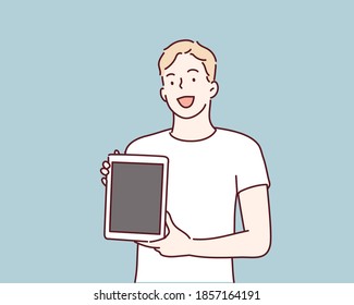 Man showing blank no-name tablet pc monitor. Hand drawn style vector design illustrations.