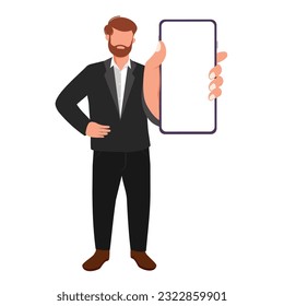 Un hombre muestra la pantalla en blanco del smartphone. Empresario sosteniendo el teléfono celular y mostrando espacio en blanco, ilustración vectorial plana. Bien por plantilla, web, banner, publicidad.