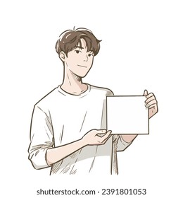hombre que muestra una hoja blanca en blanco para espacio de texto listo para tu dibujo de dibujos animados de vectores de texto o producto