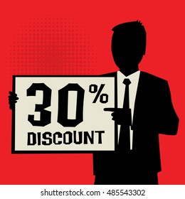 Man showing board, business concept with text 30 percent Discount, vector illustration
