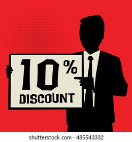 Man showing board, business concept with text 10 percent Discount, vector illustration