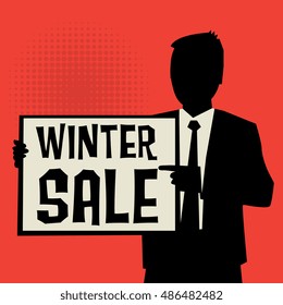 Man showing board, business concept with text Winter Sale, vector illustration
