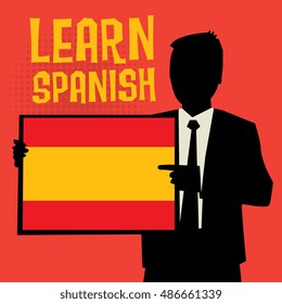 Man showing board, business concept with text Learn Spanish, vector illustration
