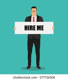 Man showing board with text HIRE ME -stock vector.