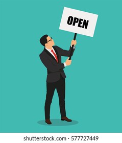 Man showing board with text OPEN  - stock vector.